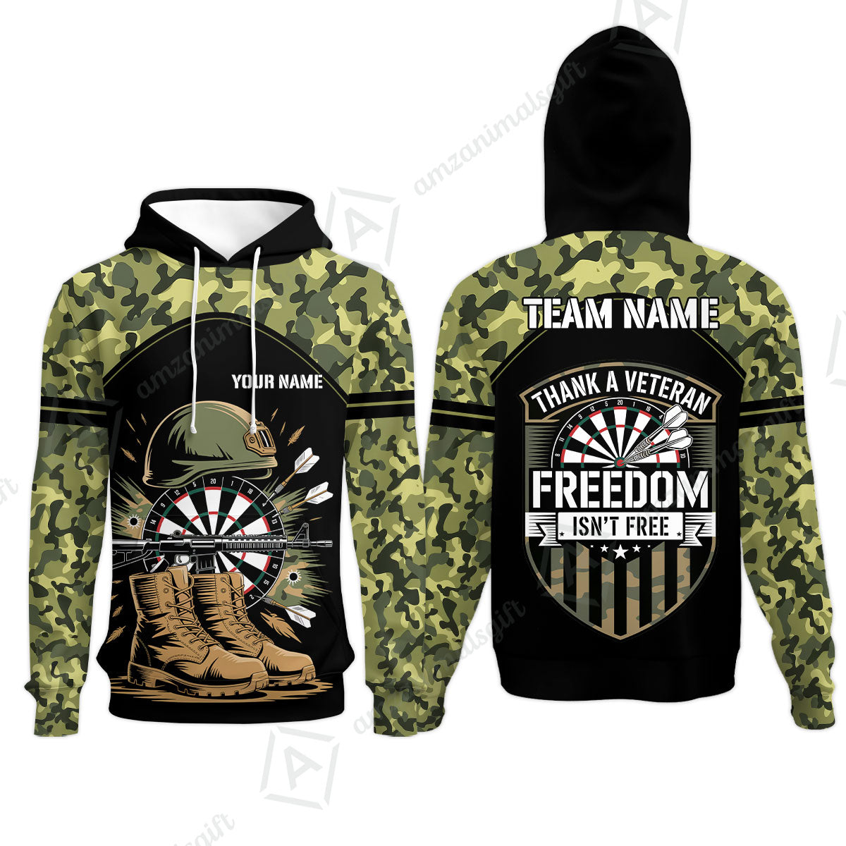 Custom Military Green Camouflage Dartboard Collar Quater-Zip Jersey Team Shirts, Customized Name Team Name Darts Team Jerseys Uniform