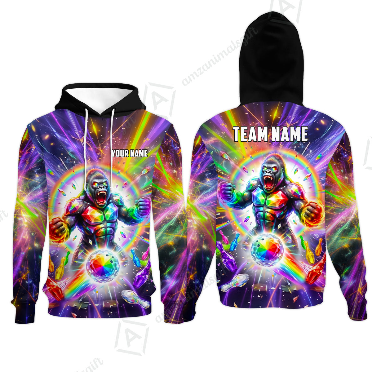 Custom Bowling Jersey Polo Shirt, Rainbow Gemstone Gorilla, Custom Bowling Jersey Team Shirt For Players With Name and Team Name