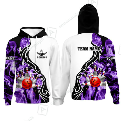 Customized Bowling Unisex Polo Shirt, Bowling And Pins Purple Smoke Pattern Customized Name And Team Polo Jerseys Shirts
