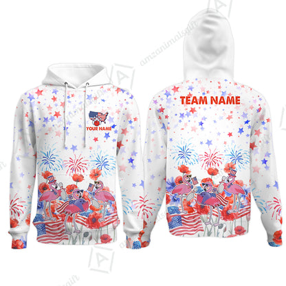 Custom Bowling Jersey Polo Shirt, 4th of July Flamingo Bowling, Custom Bowling Jersey Team Shirt For Players With Name & Team Name