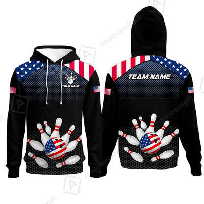 Custom Bowling Jersey Polo Shirt, Patriotic USA Flag Stars Stripes Tech Hexagon Pattern, Custom Bowling Jersey Team Shirt For Players With Name & Team Name
