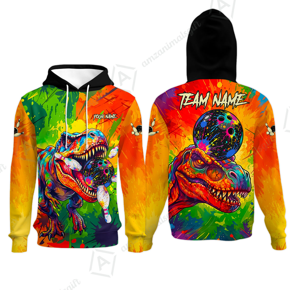 Custom Bowling Jersey Polo Shirt, Colorful Splatter T-Rex Dino, Custom Bowling Jersey Team Shirt For Players With Name and Team Name