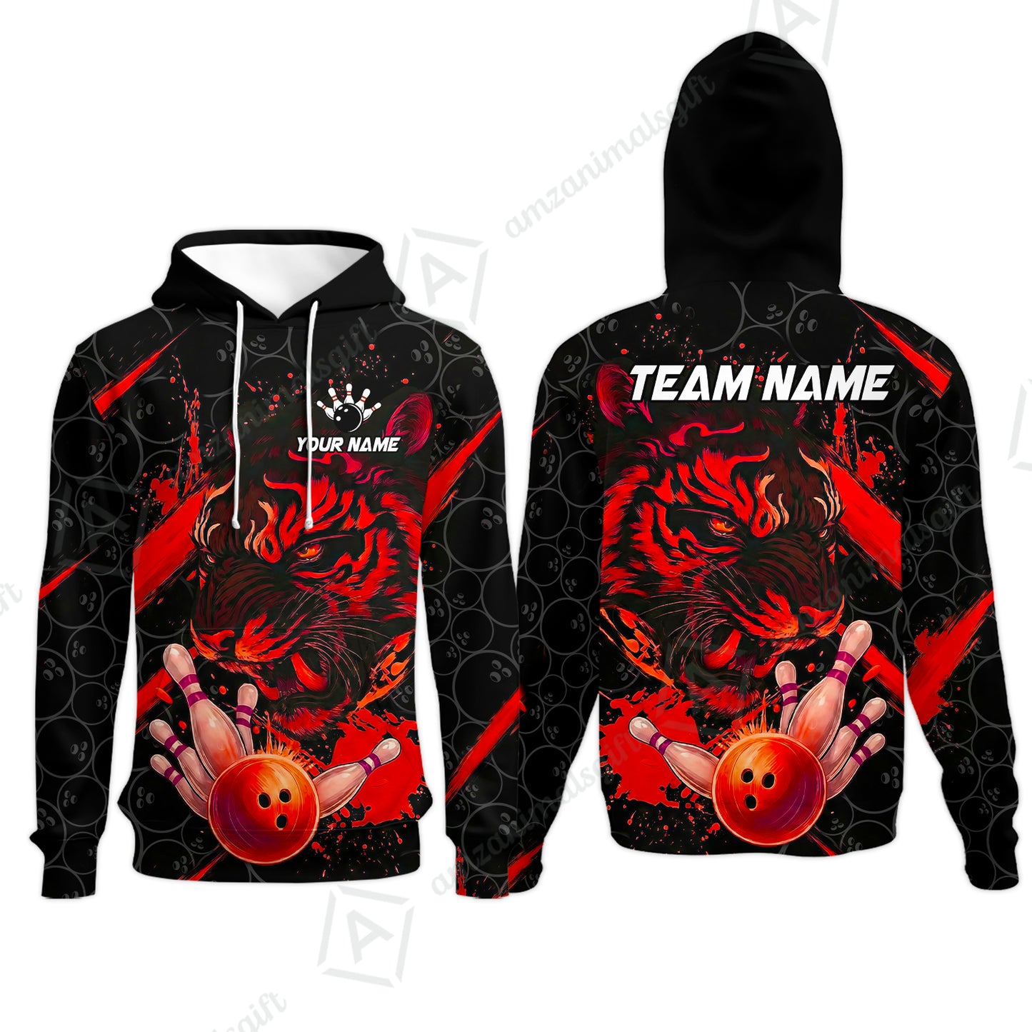 Customized Bowling Unisex Polo Shirt, Tiger Ball Striking Pins, Bowling Uniforms, Personalized Name And Team Name