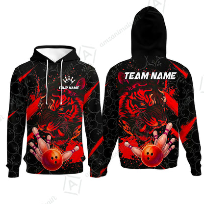 Customized Bowling Unisex Polo Shirt, Tiger Ball Striking Pins, Bowling Uniforms, Personalized Name And Team Name