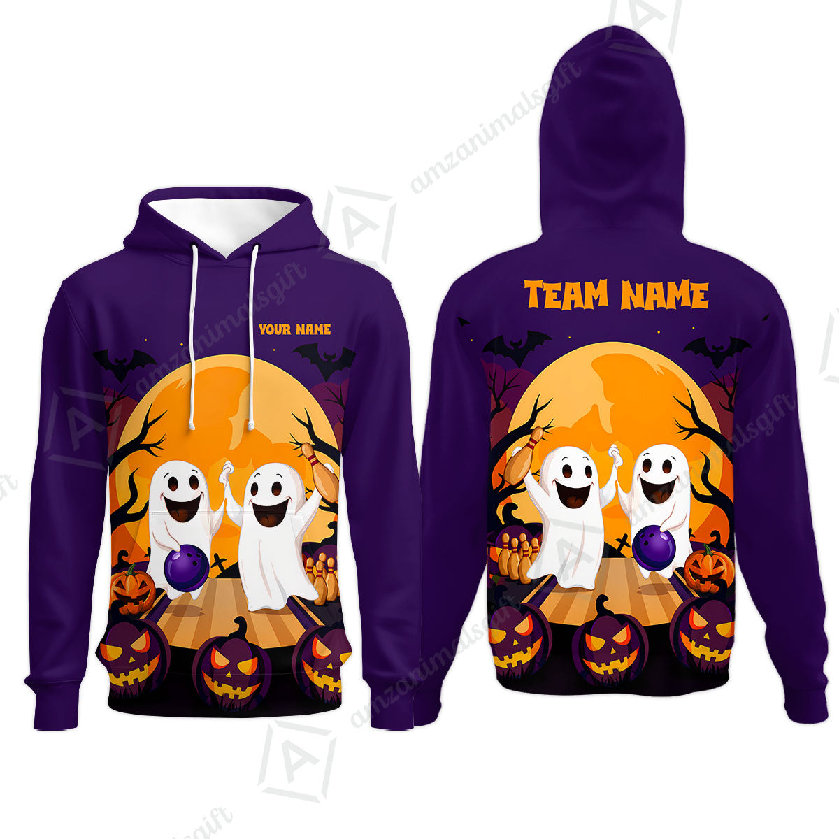 Custom Bowling Jersey Polo Shirt, Bowling Ghost Pumpkin Halloween, Personalized Name And Team Name