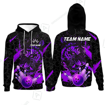 Customized Bowling Unisex Polo Shirt, Tiger Ball Striking Pins, Bowling Uniforms, Personalized Name And Team Name