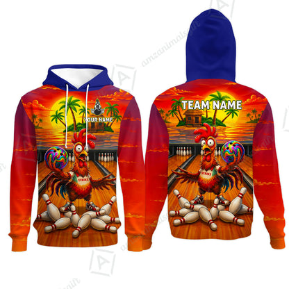 Custom Bowling Jersey Polo Shirt, Funny Tropical Island Rooster Strike, Custom Bowling Jersey Team Shirt For Players With Name and Team Name
