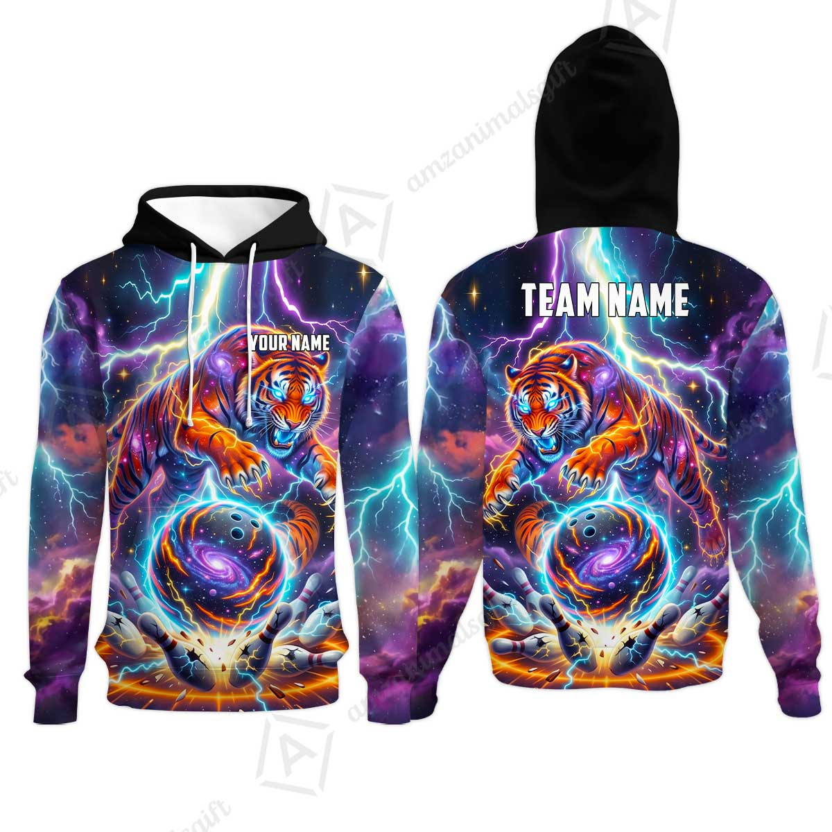 Custom Bowling Jersey Polo Shirt, Galactic Tiger Electric Strike, Custom Bowling Jersey Team Shirt For Players With Name and Team Name