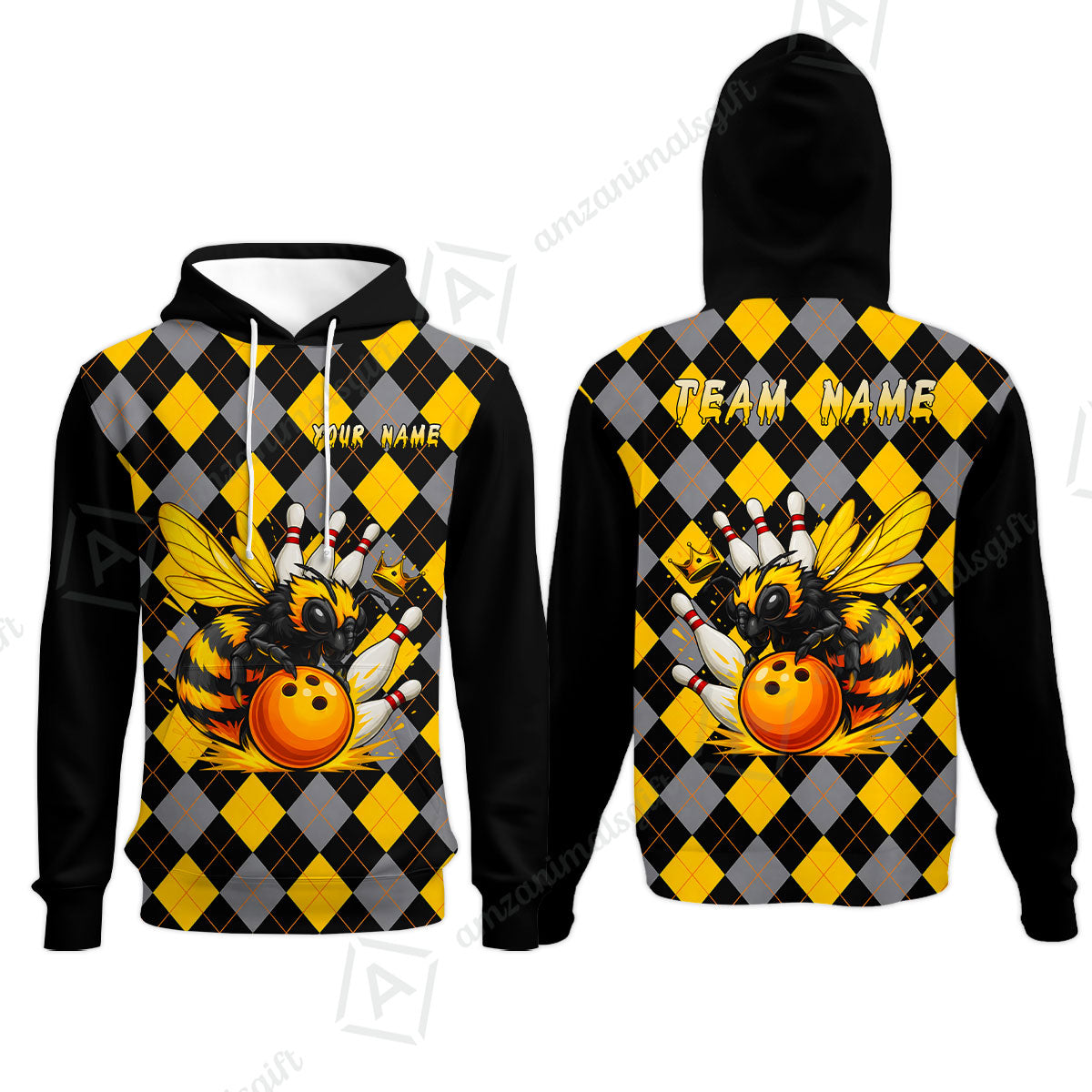 Custom Bowling Jersey Polo Shirt, Argyle Bee Mascot, Custom Bowling Jersey Team Shirt For Players With Name and Team Name