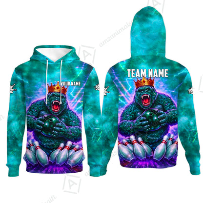 Custom Bowling Jersey Polo Shirt, King Gorilla Holding Bowling Ball, Custom Bowling Jersey Team Shirt For Players With Name & Team Name