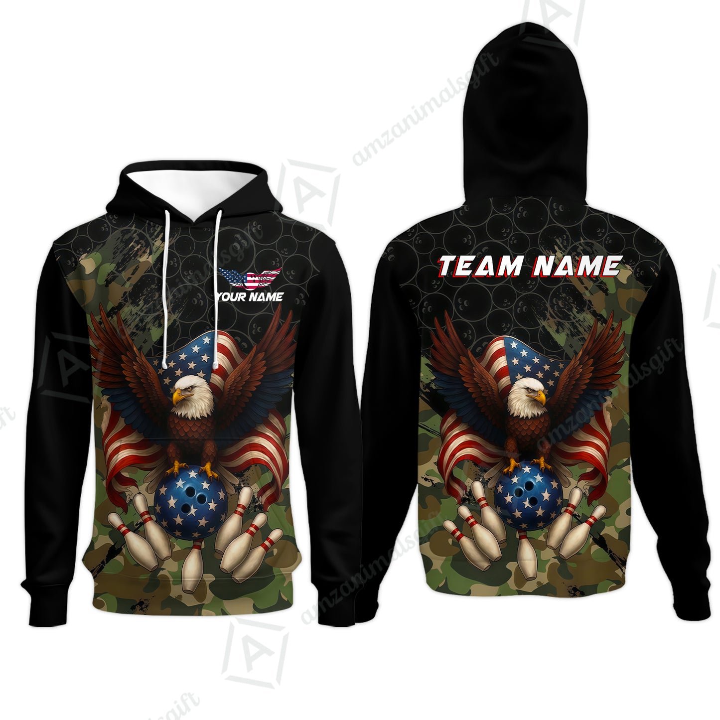 Custom Bowling Jersey Polo Shirt, Forest Camo Patriotic Bowling, Custom Bowling Jersey Team Shirt For Players With Name & Team Name