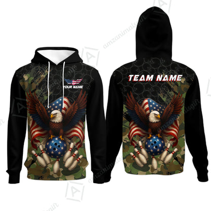 Custom Bowling Jersey Polo Shirt, Forest Camo Patriotic Bowling, Custom Bowling Jersey Team Shirt For Players With Name & Team Name