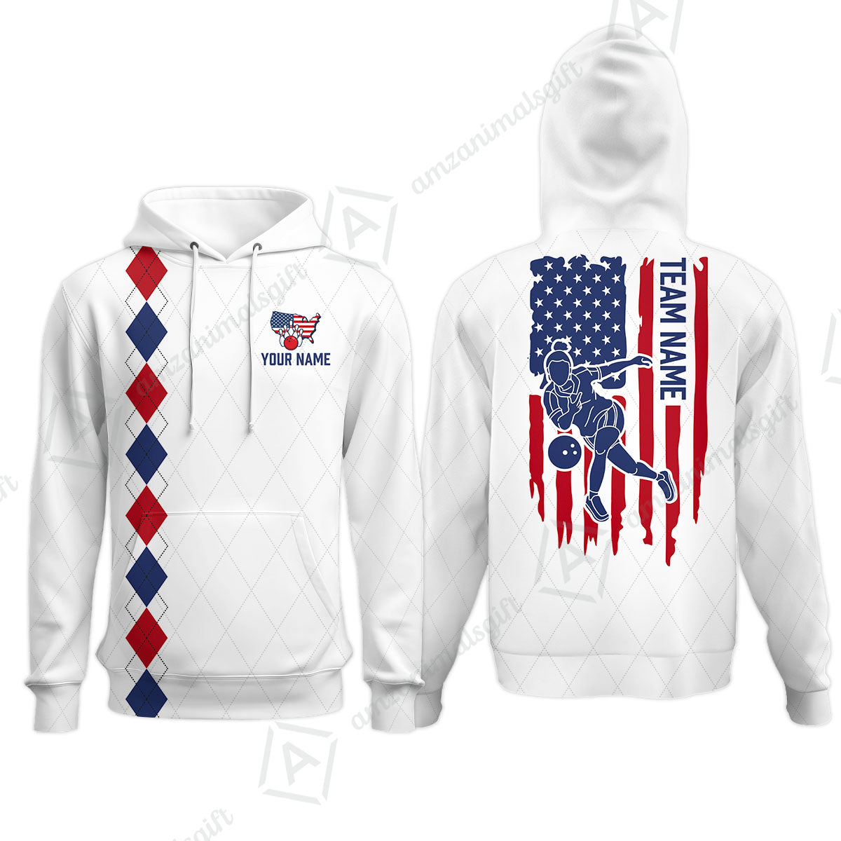 Custom Bowling Jersey Polo Shirt, Patriotic Argyle USA Flag Bowler, Custom Bowling Jersey Team Shirt For Players With Name & Team Name