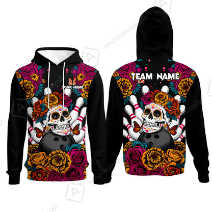 Custom Bowling Jersey Polo Shirt, Floral Skull Bowling, Personalize Name and Team Name
