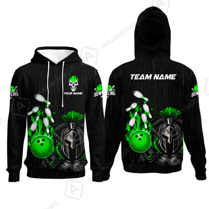 Custom Bowling Jersey Polo Shirt, Fire Bowling Knight Rain Skull Logo, Personalize Name & Team Name