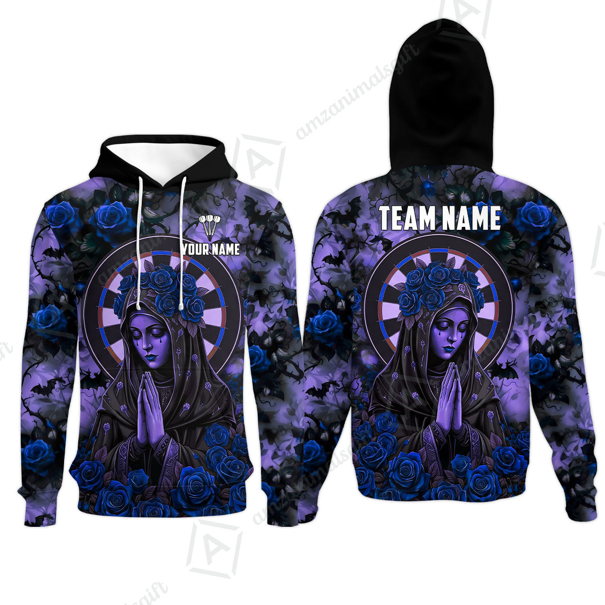 Custom Darts Jersey Polo Shirt, Gothic Madonna And Blue Rose, Custom Dart Jersey Team Shirt For Players With Name & Team Name