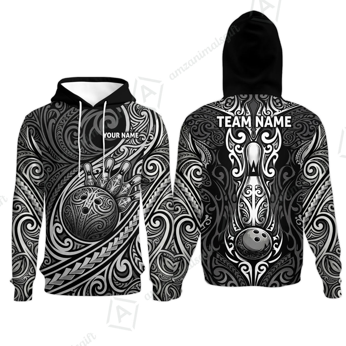 Custom Bowling Jersey Polo Shirt, Intricate Monochrome Tribal Spirit Bowling, Custom Bowling Jersey Team Shirt For Players With Name and Team Name