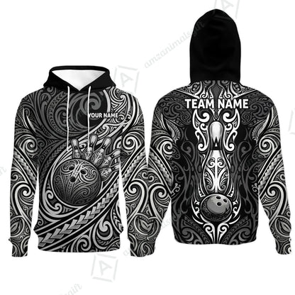 Custom Bowling Jersey Polo Shirt, Intricate Monochrome Tribal Spirit Bowling, Custom Bowling Jersey Team Shirt For Players With Name and Team Name