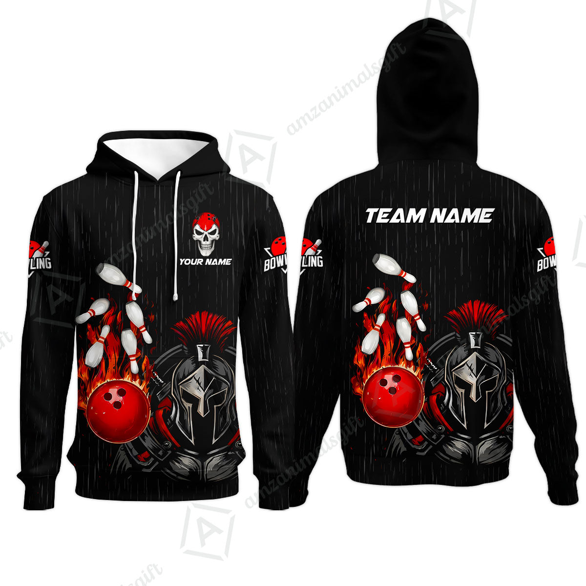 Custom Bowling Jersey Polo Shirt, Fire Bowling Knight Rain Skull Logo, Personalize Name & Team Name