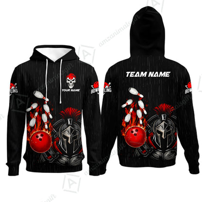 Custom Bowling Jersey Polo Shirt, Fire Bowling Knight Rain Skull Logo, Personalize Name & Team Name
