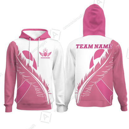 Feather Pink Ribbon Breast Cancer Custom Bowling Team Polo Shirts, Pink Ribbon Bowling Team Uniforms Jerseys, Personalized Name And Team Name