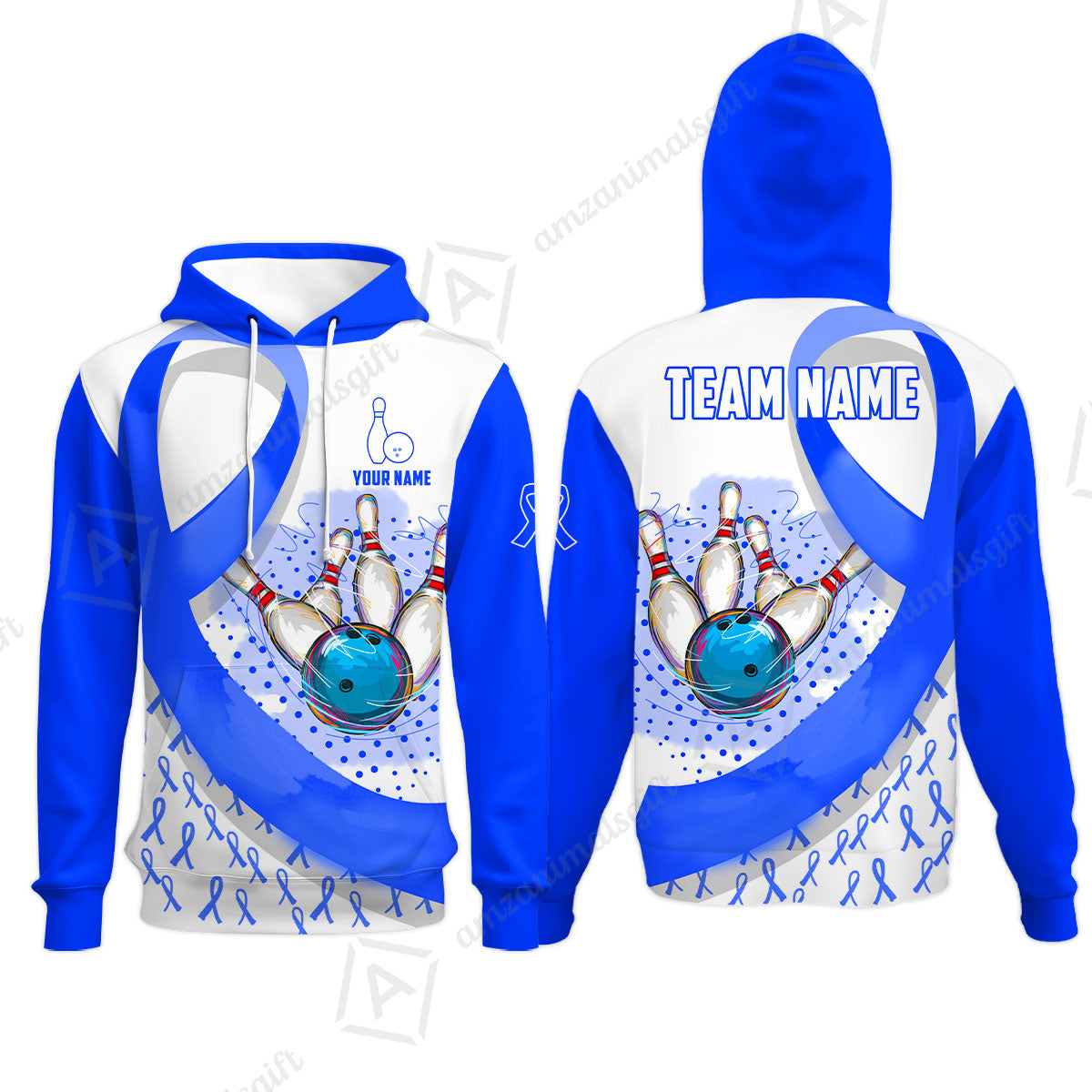 Custom Bowling Team Jersey Shirts, Blue Ribbon and Ball Hitting Pins Shirt, Personalized Team & Player Bowling Jersey