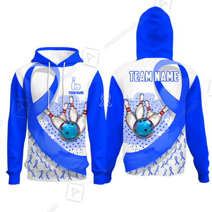 Custom Bowling Team Jersey Shirts, Blue Ribbon and Ball Hitting Pins Shirt, Personalized Team & Player Bowling Jersey