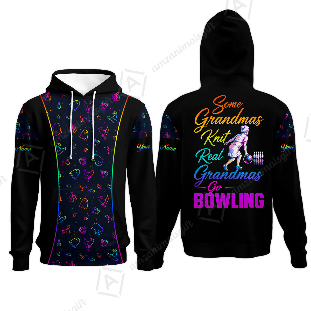Custom Bowling Jersey Polo Shirt, Some Grandmas Bowl Real Grandmas Play Bowling Halloween Rainbow Pattern, Personalized Name And Team Name