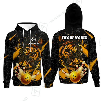 Customized Bowling Unisex Polo Shirt, Tiger Ball Striking Pins, Bowling Uniforms, Personalized Name And Team Name