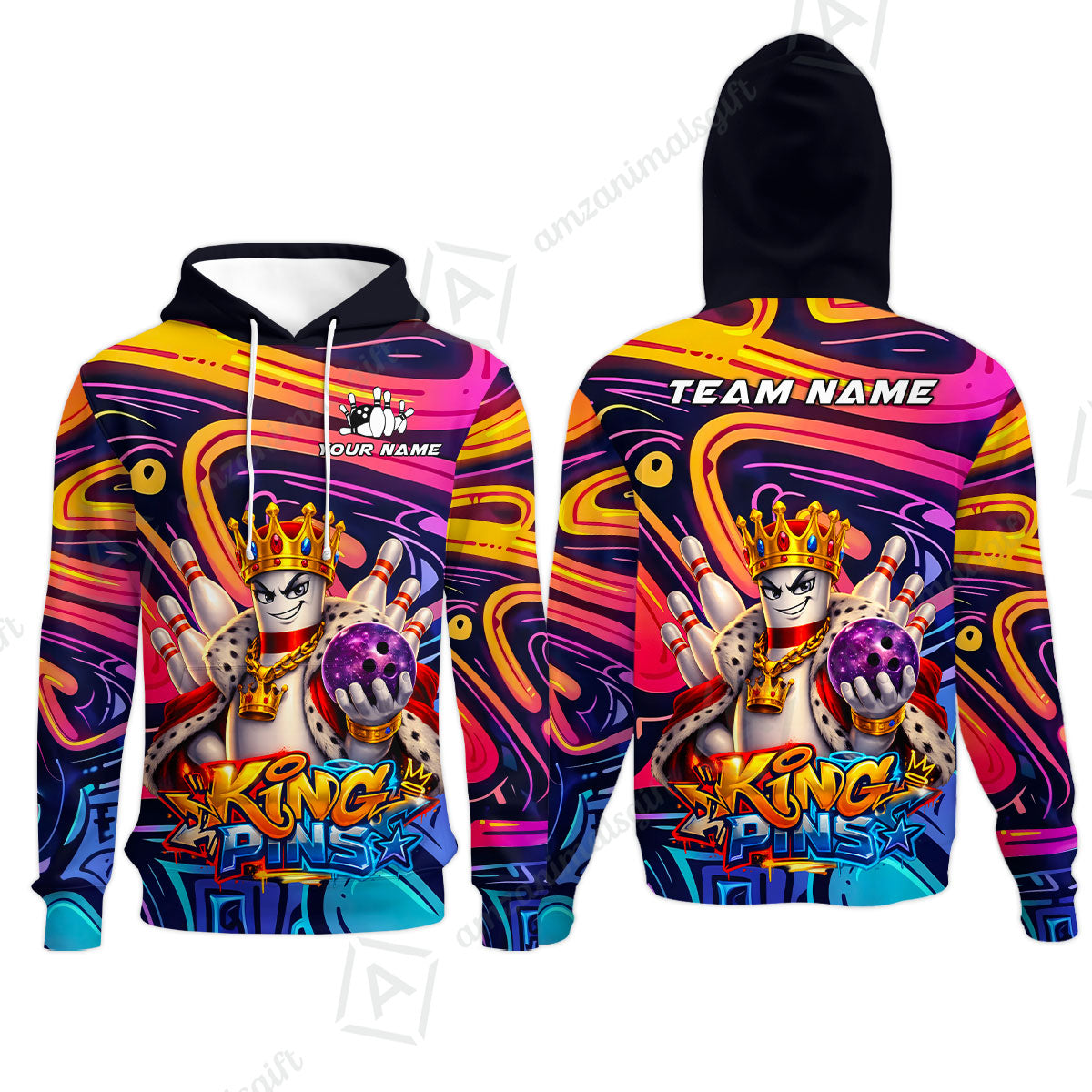 Custom Bowling Jersey Polo Shirt, Psychedelic Graffiti King Pins Mascot, Custom Bowling Jersey Team Shirt For Players With Name and Team Name