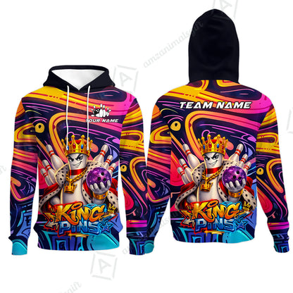 Custom Bowling Jersey Polo Shirt, Psychedelic Graffiti King Pins Mascot, Custom Bowling Jersey Team Shirt For Players With Name and Team Name