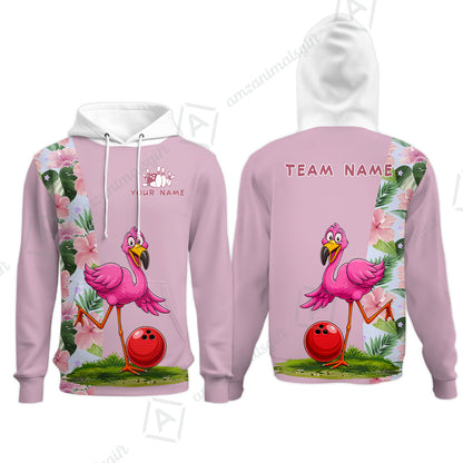Custom Bowling Jersey Polo Shirt, Tropical Pink Flamingo Floral, Custom Bowling Jersey Team Shirt For Players With Name and Team Name