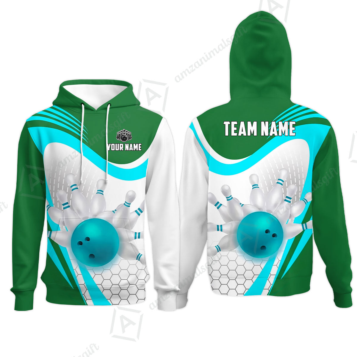 Custom Bowling Jersey Polo Shirt, Geometric Streamline & Fresh Mint, Custom Bowling Jersey Team Shirt For Players With Name & Team Name