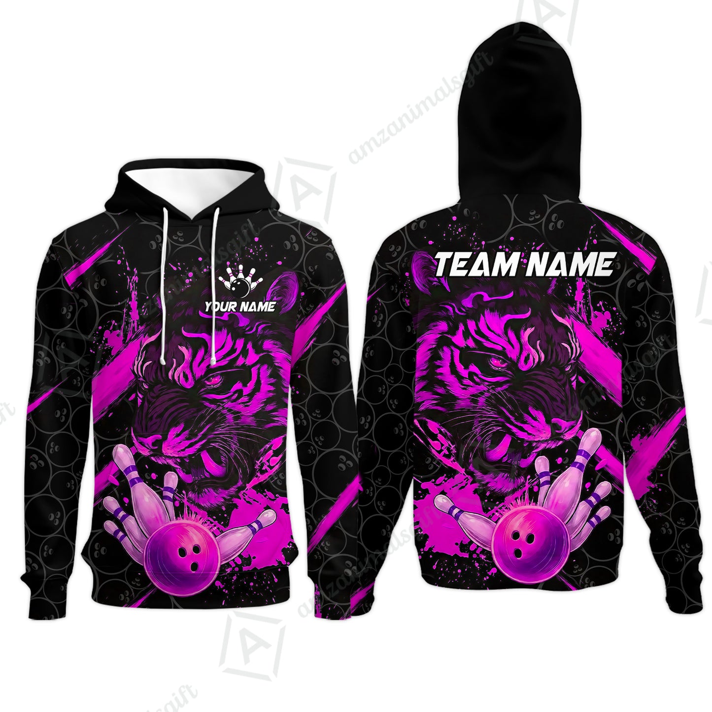 Customized Bowling Unisex Polo Shirt, Tiger Ball Striking Pins, Bowling Uniforms, Personalized Name And Team Name