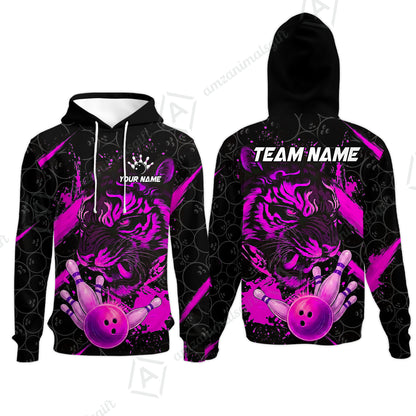 Customized Bowling Unisex Polo Shirt, Tiger Ball Striking Pins, Bowling Uniforms, Personalized Name And Team Name