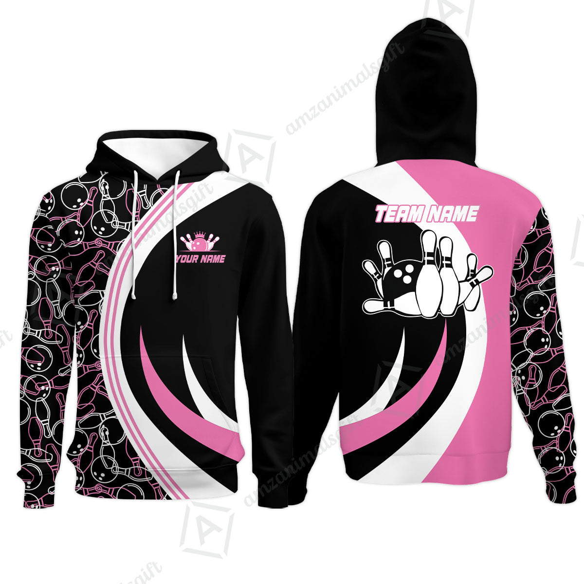 Custom Team Name Black Pink Bowling Team Jersey - Bowling uniforms  Seamless Pattern Bowling Zip Polo Shirts - Uniform Shirt For Bowlers