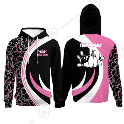 Custom Team Name Black Pink Bowling Team Jersey - Bowling uniforms  Seamless Pattern Bowling Zip Polo Shirts - Uniform Shirt For Bowlers