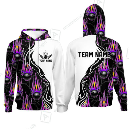 Customized Bowling Quarter-Zip Stand Collar Jersey Shirt, Bowling Ball With Fire Pattern Shirt For Team Men Women Bowler