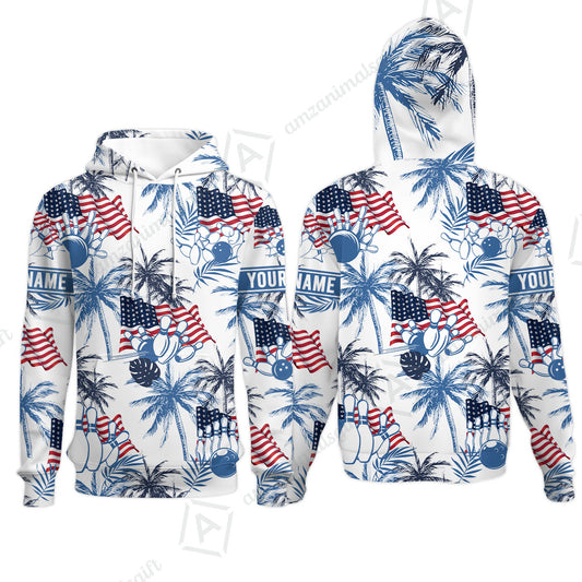 Customized Tropical American-style Bowling Hoodie With Palm Trees, Flags – Perfect For Summer Bowling Vibes
