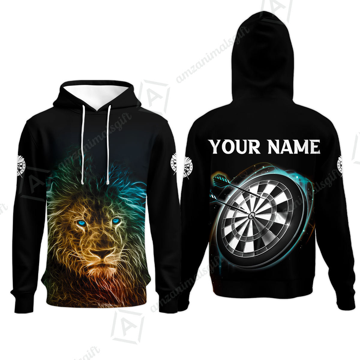 Customized Name Darts Polo Shirt, Blue Bullseye Dartboard Personalized Lion And Darts Polo Shirt