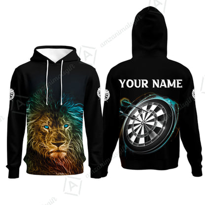 Customized Name Darts Polo Shirt, Blue Bullseye Dartboard Personalized Lion And Darts Polo Shirt