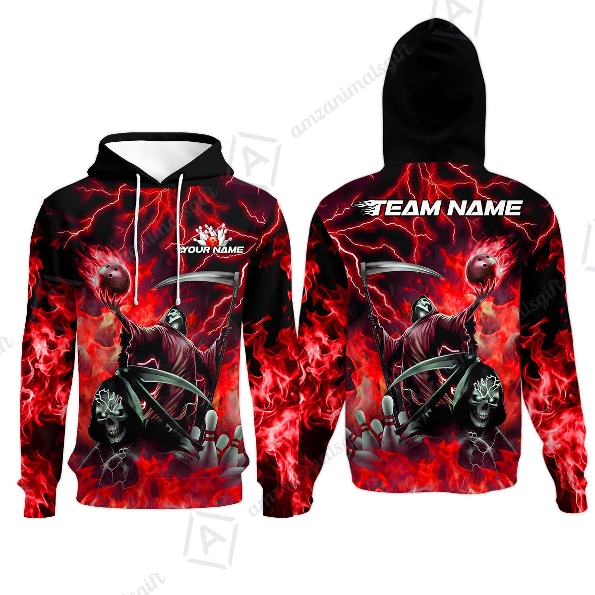 Custom Bowling Team Quarter-Zip Polo Shirt, Grim Reaper Skull With Flame Bowling Lightning Design for Bowlers, Personalized Shirt with Name and Team Name