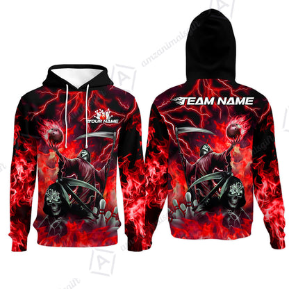 Custom Bowling Team Quarter-Zip Polo Shirt, Grim Reaper Skull With Flame Bowling Lightning Design for Bowlers, Personalized Shirt with Name and Team Name