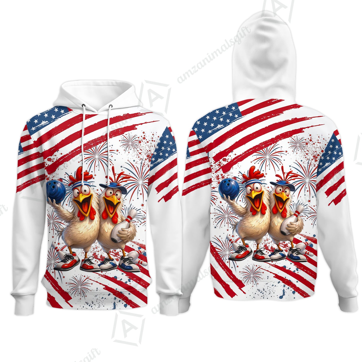 Custom Bowling Jersey Polo Shirt, Funny Patriotic USA Chicken Fireworks, Custom Bowling Jersey Team Shirt For Players With Name & Team Name