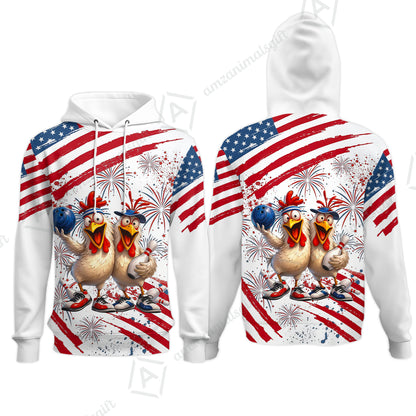 Custom Bowling Jersey Polo Shirt, Funny Patriotic USA Chicken Fireworks, Custom Bowling Jersey Team Shirt For Players With Name & Team Name