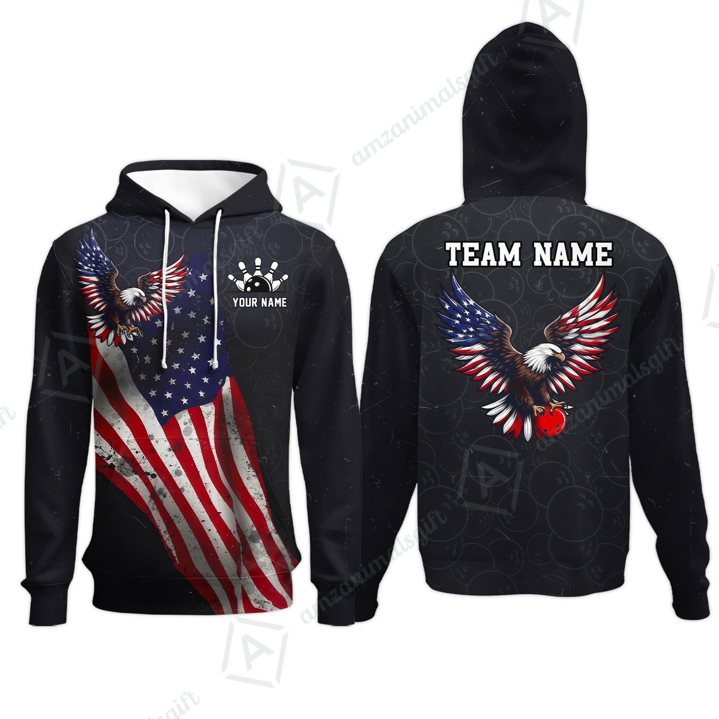 Custom Bowling Jersey Polo Shirt, USA Flag Draped Bald Eagle Strike, Custom Bowling Jersey Team Shirt For Players With Name & Team Name