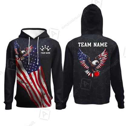 Custom Bowling Jersey Polo Shirt, USA Flag Draped Bald Eagle Strike, Custom Bowling Jersey Team Shirt For Players With Name & Team Name