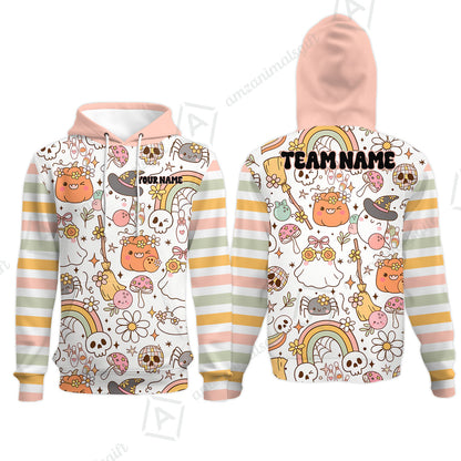 Customized Bowling Shirt, Mushroom Ghost Cute Rainbow Halloween Pattern Bowling, Personalized Polo Shirt For Players With Name & Team Name