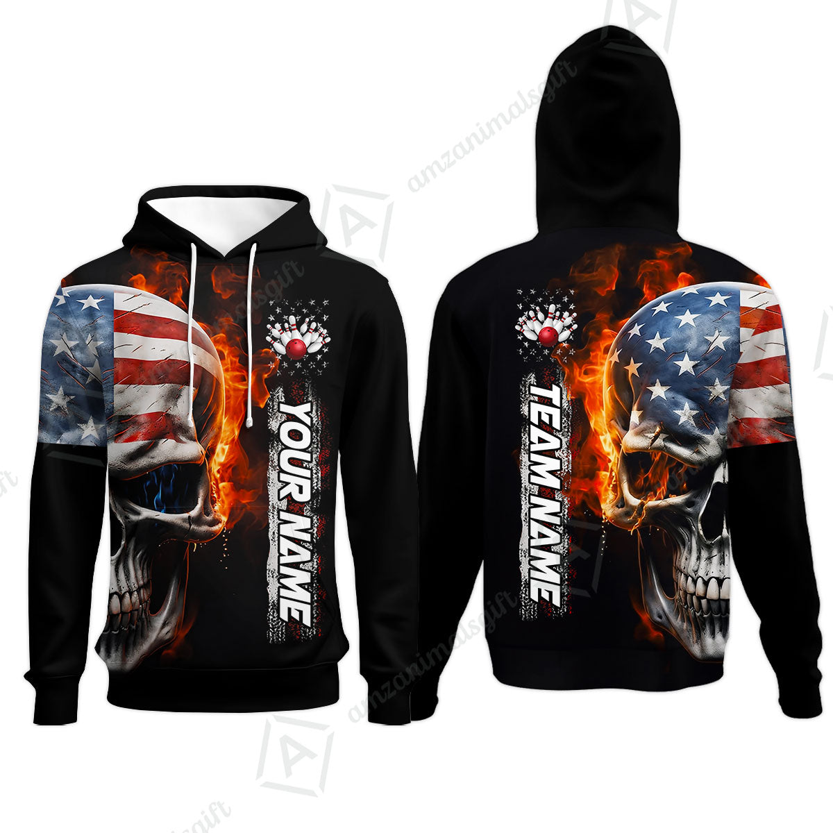 Custom Flaming USA Flag Bowling Jersey Polo Shirt, Custom Flaming USA Flag Bowling Jersey Team Shirt For Players With Name & Team Name