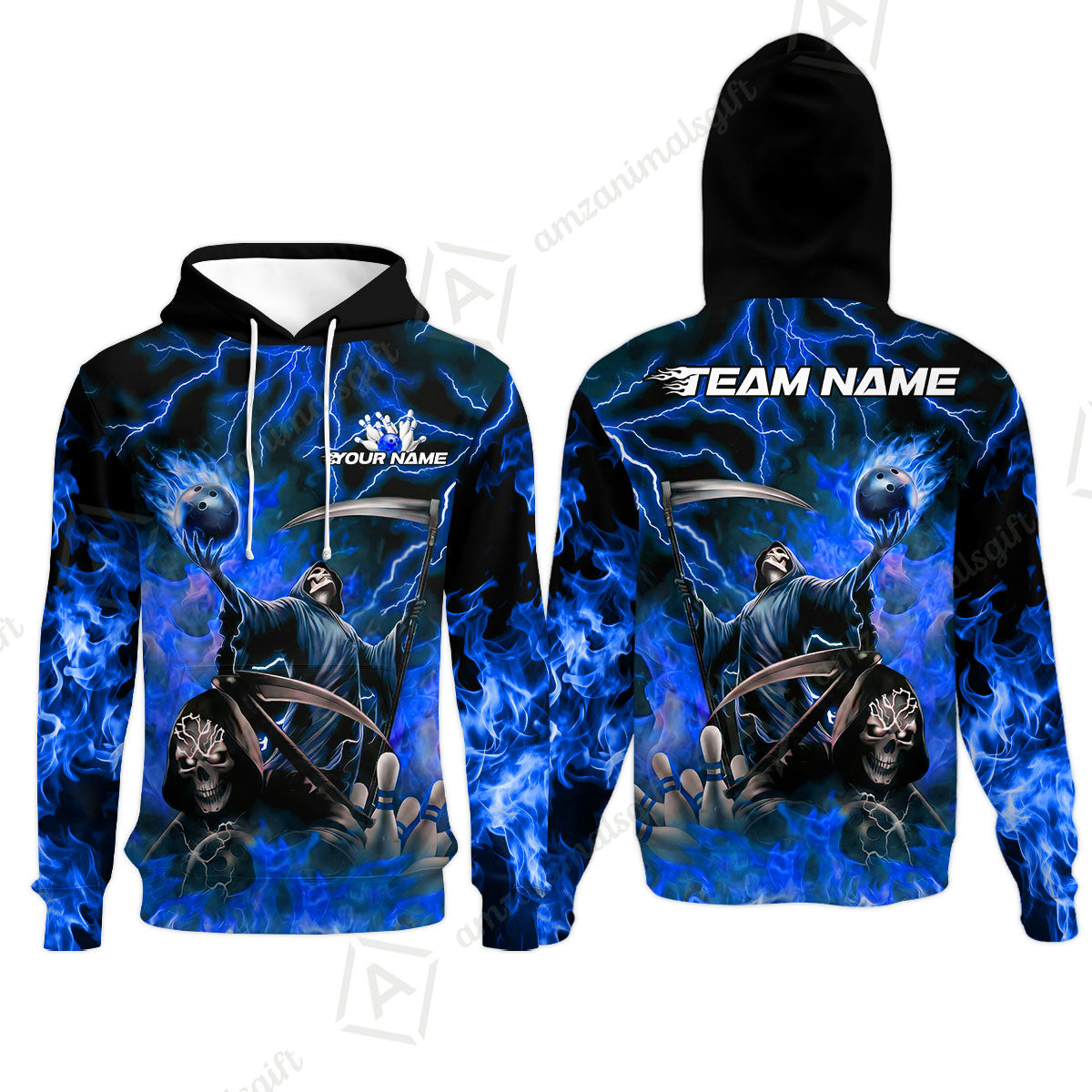 Custom Bowling Team Quarter-Zip Polo Shirt, Grim Reaper Skull With Flame Bowling Lightning Design for Bowlers, Personalized Shirt with Name and Team Name
